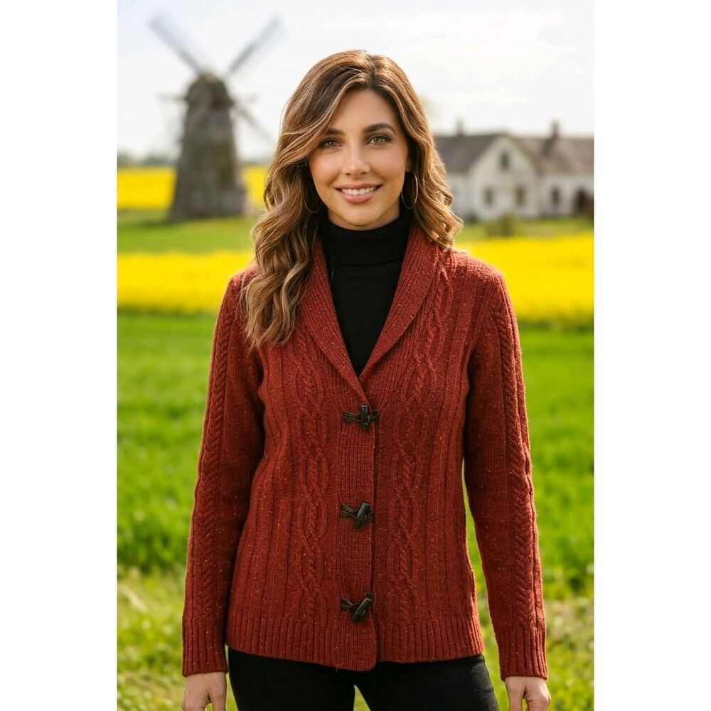 🇬🇪🔹️Coldwater Creek Rusty Red Cable Knit Cardigan Sweater Medium